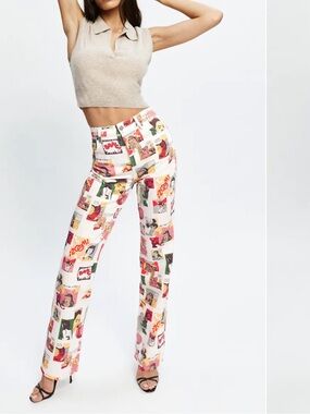 Reformation White Multi Comic-Print High-Rise Straight Pants